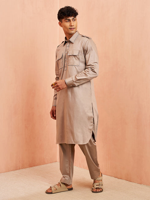 Men's Grey Fine Satin Kurta Pyjama Set Shirt Collar Button Placket
